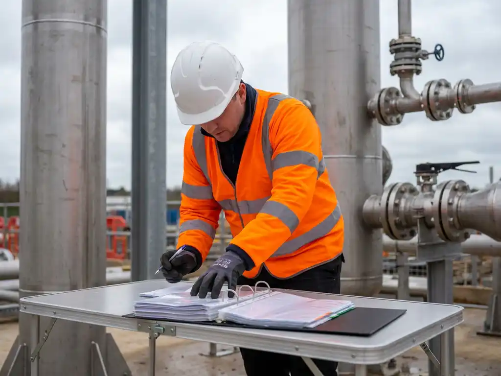 Bauingenieur in Warnweste und weißem Schutzhelm prüft Vertragsunterlagen an einem Arbeitstisch vor Edelstahlrohrleitungen.