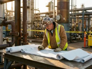 Projektmanager mit Schutzhelm prüft technische Schaltpläne auf Stahltisch in einer Chemieanlagenumgebung im warmen Nachmittagslicht.