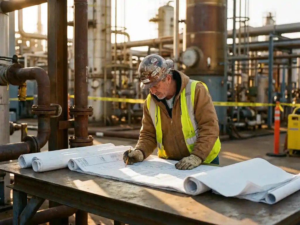 Projektmanager mit Schutzhelm prüft technische Schaltpläne auf Stahltisch in einer Chemieanlagenumgebung im warmen Nachmittagslicht.
