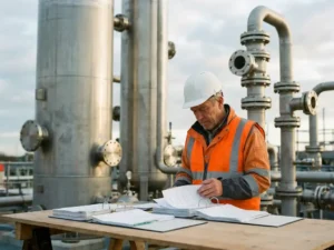 Erfahrener Projektmanager in Warnweste und Schutzhelm prüft Unterlagen an einem Tisch vor Edelstahl-Prozesskolonnen einer Chemianlage.