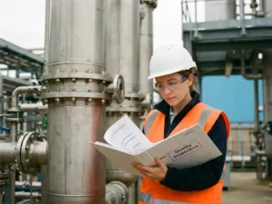 Ingenieur mit Schutzhelm und Warnweste prüft Qualitätskontrollordner neben Edelstahl-Prozesskolonnen in einer Chemieanlage.