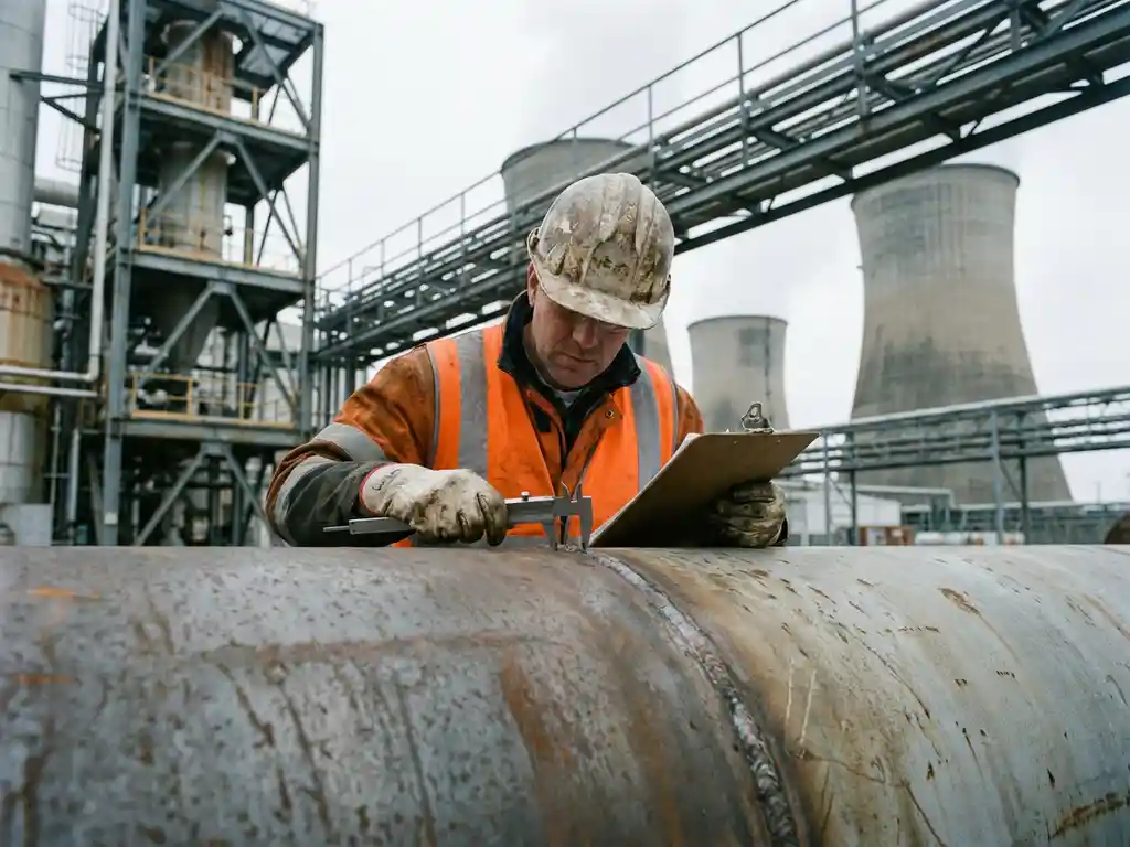 Qualitätsprüfer mit Schutzhelm und Warnweste untersucht Schweißnaht an Industrierohr in Chemieanlage mit Klemmbrett und Messwerkzeug.