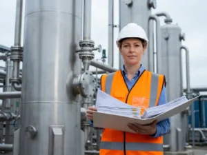 Ingenieurin in Warnweste und Schutzhelm prüft Unterlagen vor Edelstahl-Prozesstürmen mit Rohrleitungen im Freien.