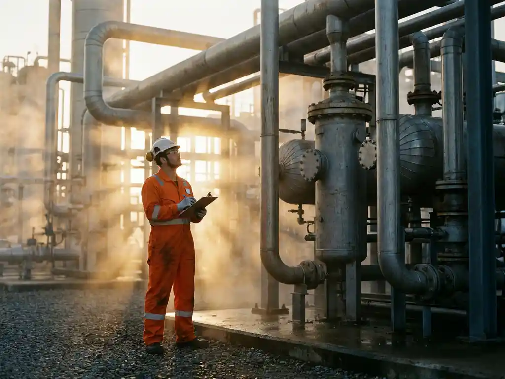HSE-Sicherheitsbeauftragter in Schutzausrüstung prüft Klemmbrett neben Rohrsystemen und Druckbehältern einer Chemieanlage im Morgennebel.