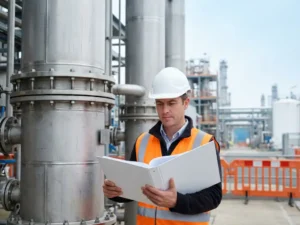 Standortleiter mit weißem Schutzhelm und Warnweste prüft Projektunterlagen vor Edelstahl-Prozesskolonnen einer Chemieanlage.