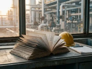 Stapel technischer Dokumente und Konstruktionszeichnungen auf Industrieschreibtisch, daneben Schutzhelm und Metallklemmbrett, Chemieanlagenrohre im Hintergrund.