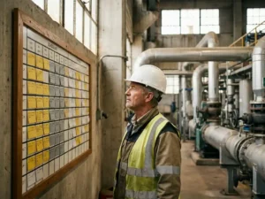 Werksleiter mit Schutzhelm prüft farbkodierten Planungsboard an Industriewand, Lean-Workflow-Karten in Spalten, Stahlrohre im Hintergrund.